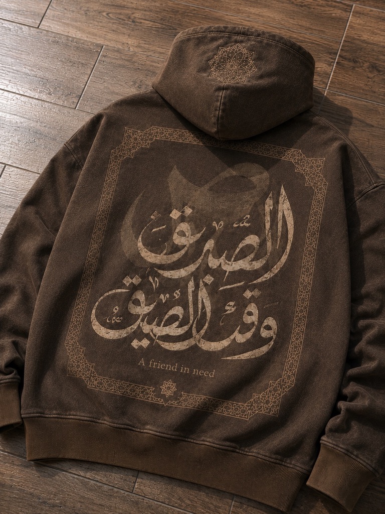 Brown RIFQA hoodie back with Arabic calligraphy — a friend in need
