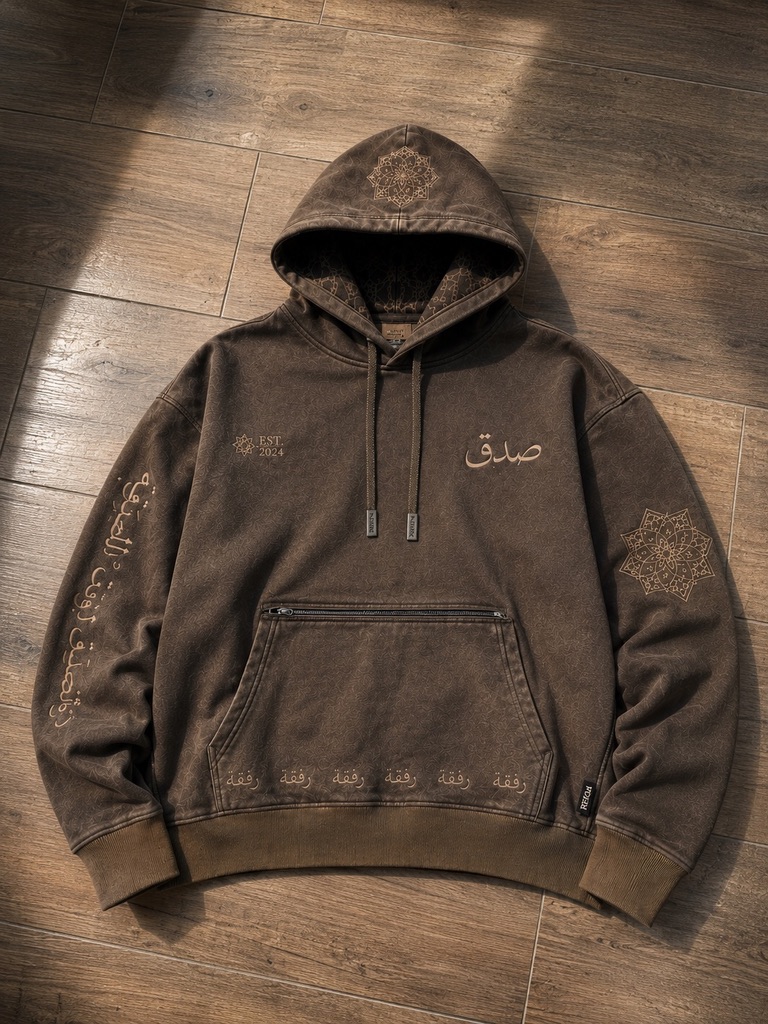 Brown RIFQA hoodie with mandala embroidery and Arabic chest hit