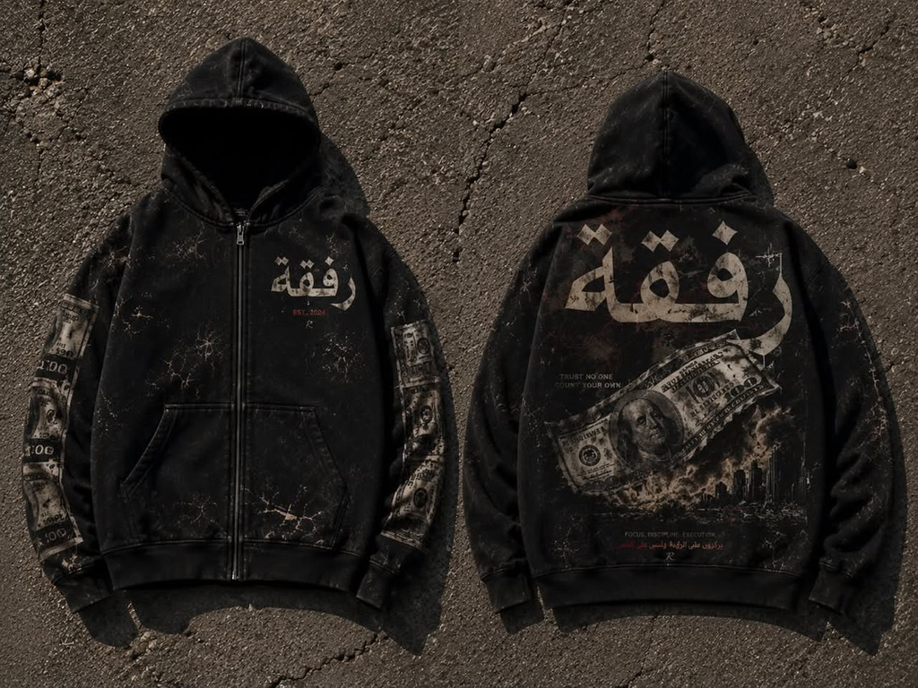 RIFQA zip-up hoodie, front and back, shot on asphalt